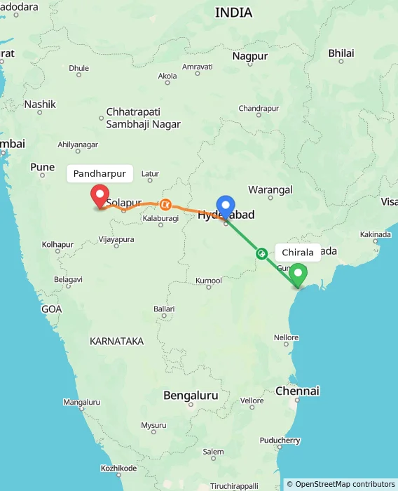 Route map showing distance and travel time from Chirala, India to Pandharpur, India