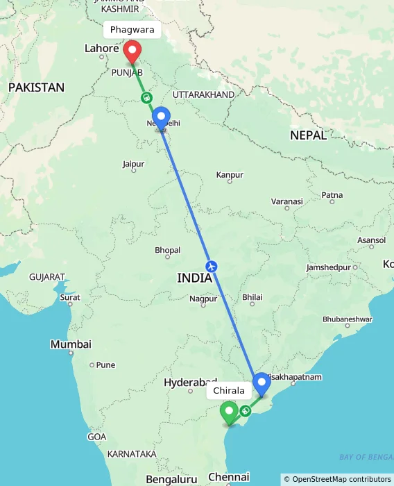 Route map showing distance and travel time from Chirala, India to Phagwara, India