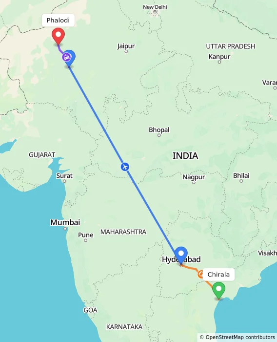 Route map showing distance and travel time from Chirala, India to Phalodi, India