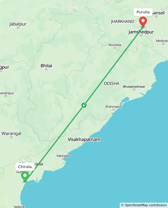 Route map showing distance and travel time from Chirala, India to Purulia, India