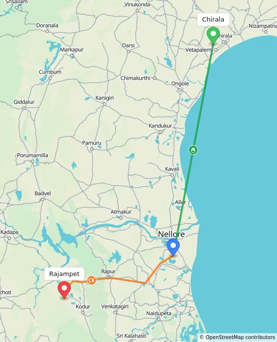 Route map showing distance and travel time from Chirala, India to Rajampet, India