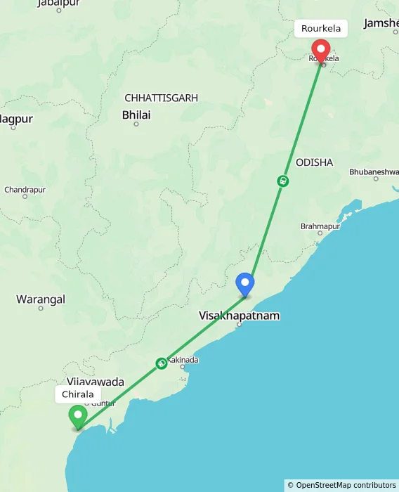 Route map showing distance and travel time from Chirala, India to Rourkela, India