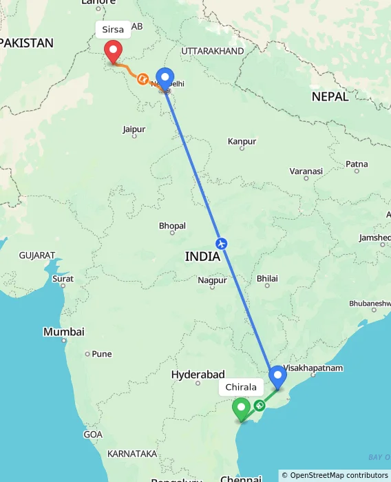 Route map showing distance and travel time from Chirala, India to Sirsa, India