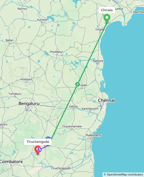 Route map showing distance and travel time from Chirala, India to Tiruchengode, India