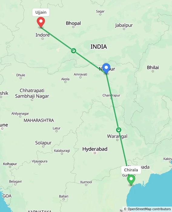 Route map showing distance and travel time from Chirala, India to Ujjain, India