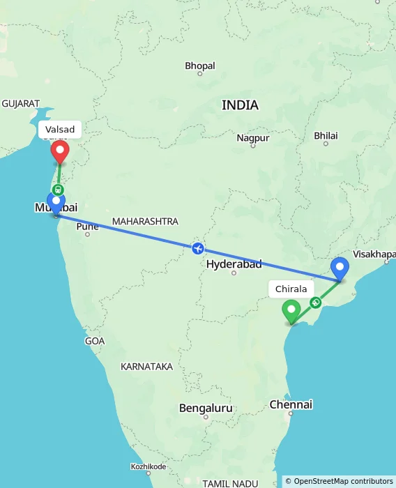 Route map showing distance and travel time from Chirala, India to Valsad, India