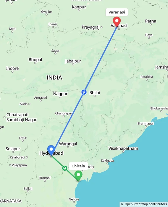 Route map showing distance and travel time from Chirala, India to Varanasi, India