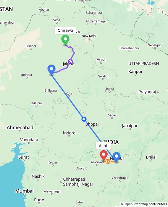 Route map showing distance and travel time from Chirawa, India to Ashti, India