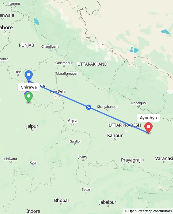 Route map showing distance and travel time from Chirawa, India to Ayodhya, India
