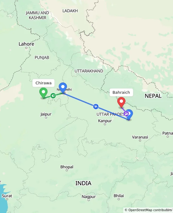 Route map showing distance and travel time from Chirawa, India to Bahraich, India