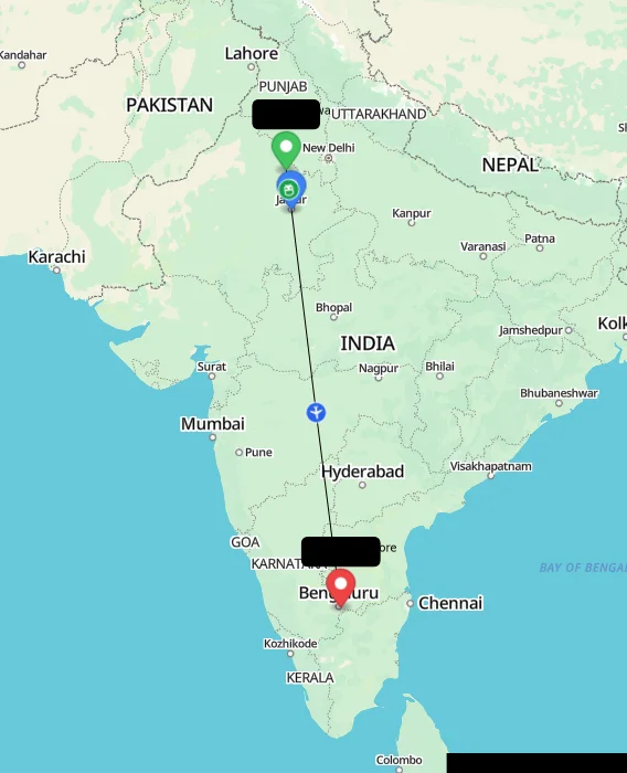 Route map showing distance and travel time from Chirawa, India to Bangalore, India