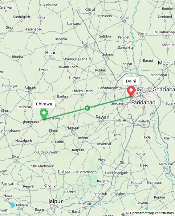 Route map showing distance and travel time from Chirawa, India to Delhi, India