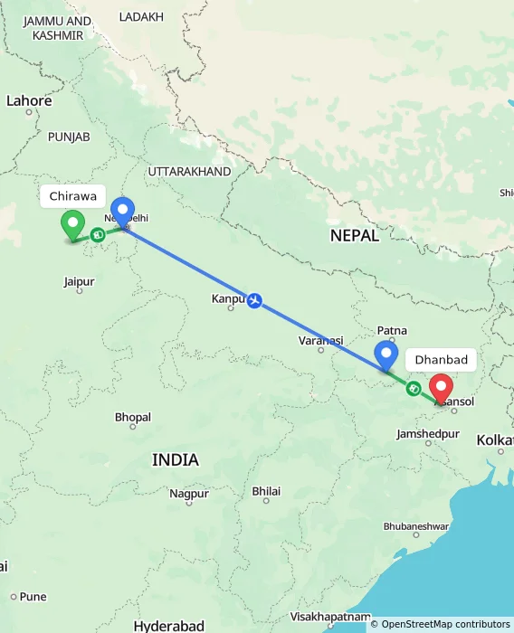 Route map showing distance and travel time from Chirawa, India to Dhanbad, India