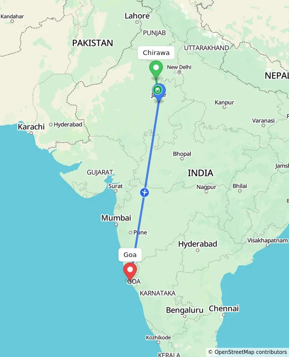 Route map showing distance and travel time from Chirawa, India to Goa, India