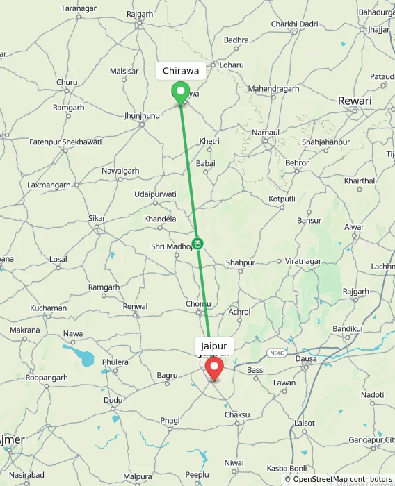 Route map showing distance and travel time from Chirawa, India to Jaipur, India