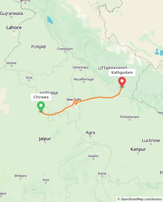 Route map showing distance and travel time from Chirawa, India to Kathgodam, India