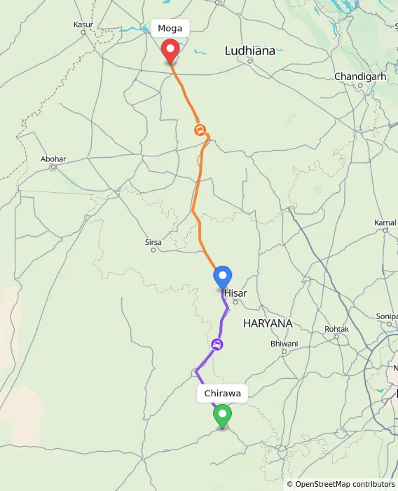 Route map showing distance and travel time from Chirawa, India to Moga, India