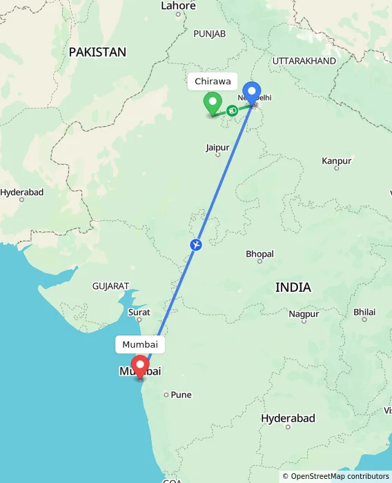 Route map showing distance and travel time from Chirawa, India to Mumbai, India