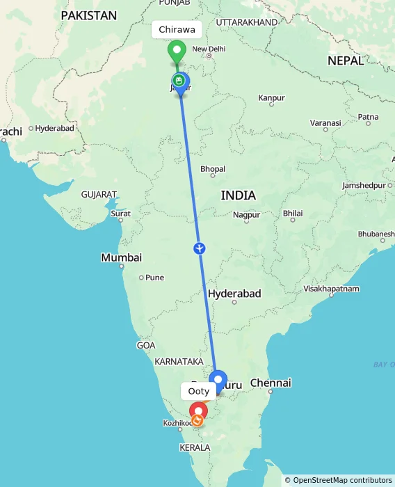Route map showing distance and travel time from Chirawa, India to Ooty, India
