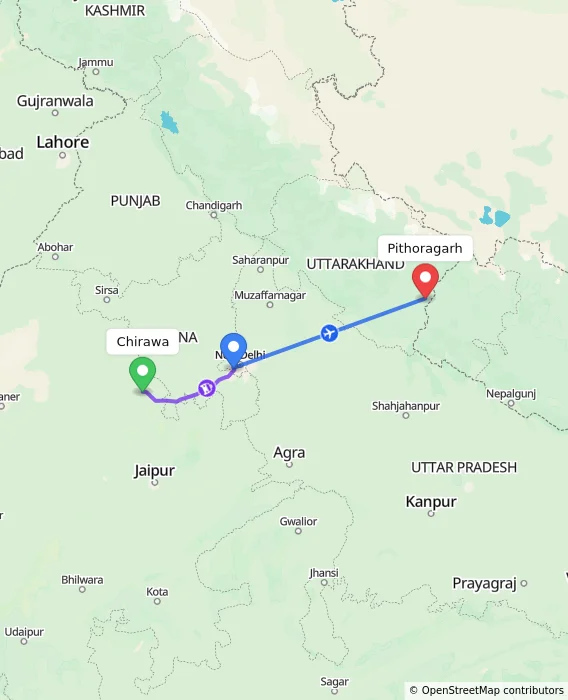 Route map showing distance and travel time from Chirawa, India to Pithoragarh, India