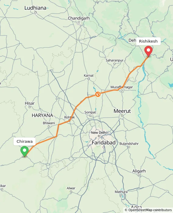 Route map showing distance and travel time from Chirawa, India to Rishikesh, India