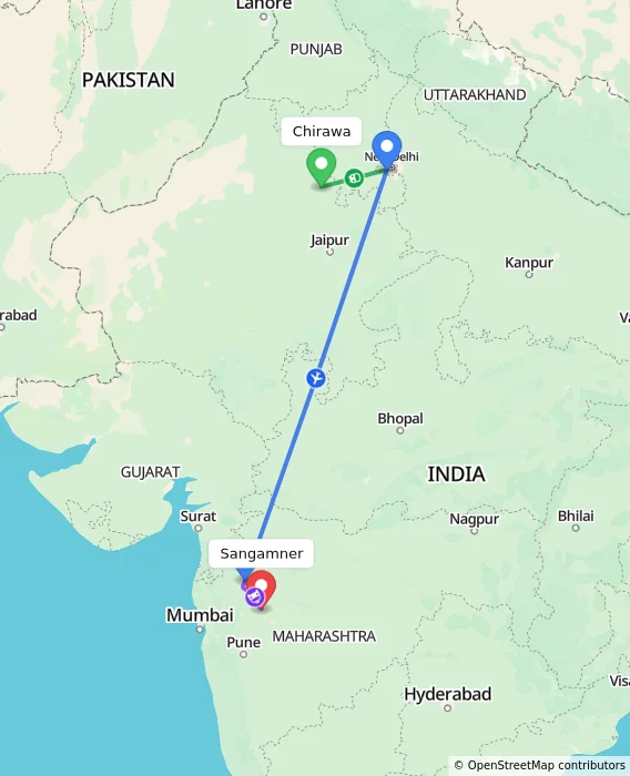 Route map showing distance and travel time from Chirawa, India to Sangamner, India