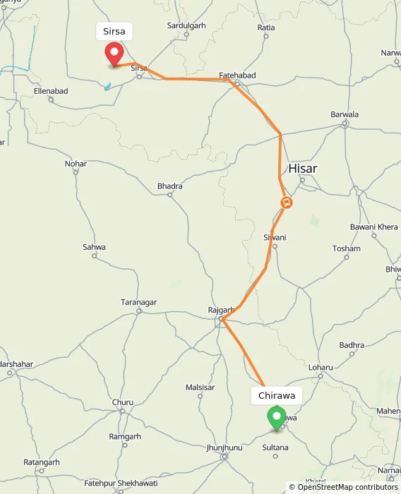 Route map showing distance and travel time from Chirawa, India to Sirsa, India