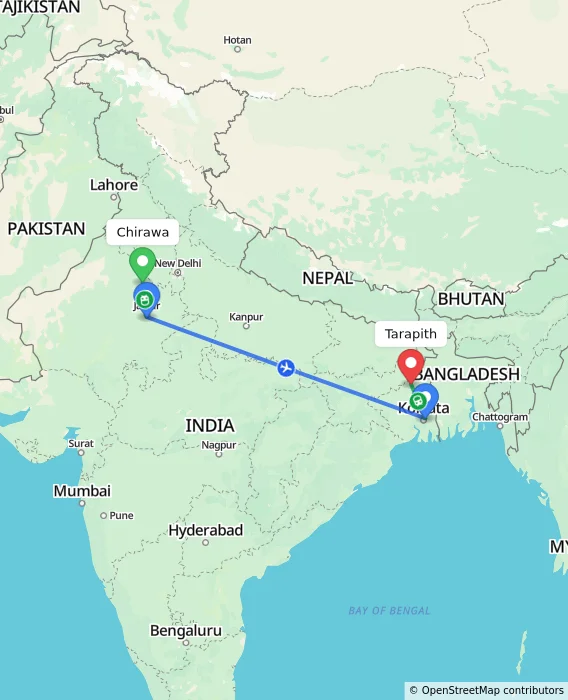 Route map showing distance and travel time from Chirawa, India to Tarapith, India