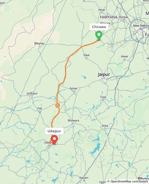 Route map showing distance and travel time from Chirawa, India to Udaipur, India