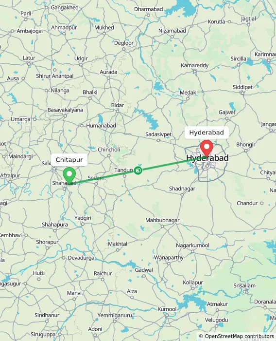 Route map showing distance and travel time from Chitapur, India to Hyderabad, India