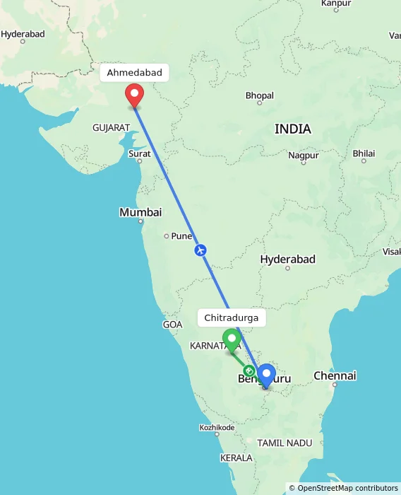 Route map showing distance and travel time from Chitradurga, India to Ahmedabad, India