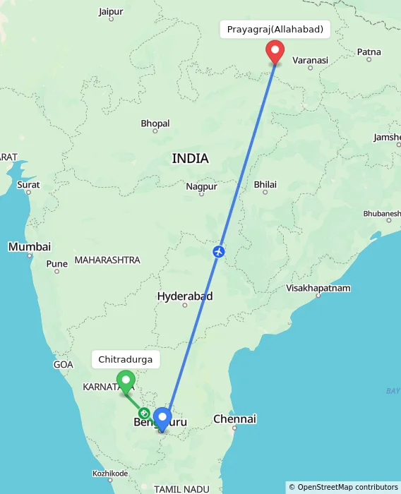 Route map showing distance and travel time from Chitradurga, India to Allahabad, India
