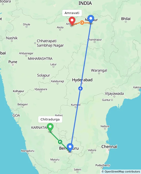 Route map showing distance and travel time from Chitradurga, India to Amravati, India