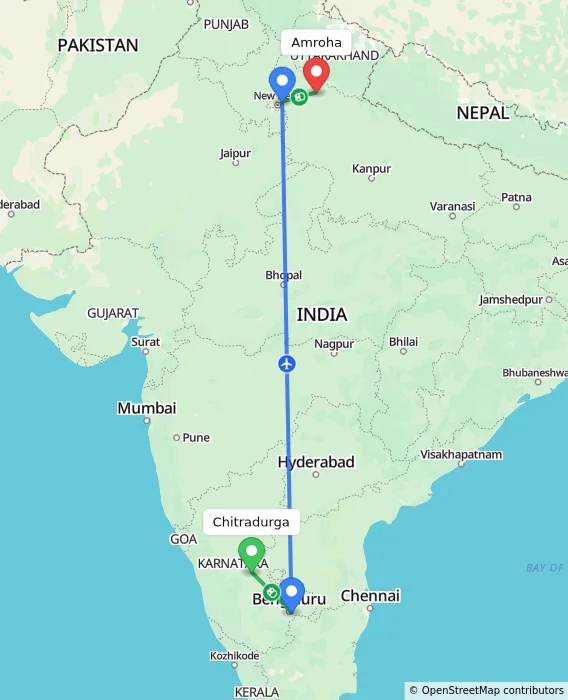 Route map showing distance and travel time from Chitradurga, India to Amroha, India