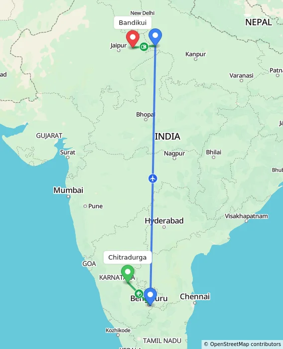 Route map showing distance and travel time from Chitradurga, India to Bandikui, India