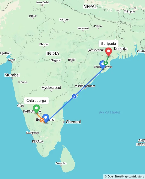 Route map showing distance and travel time from Chitradurga, India to Baripada, India