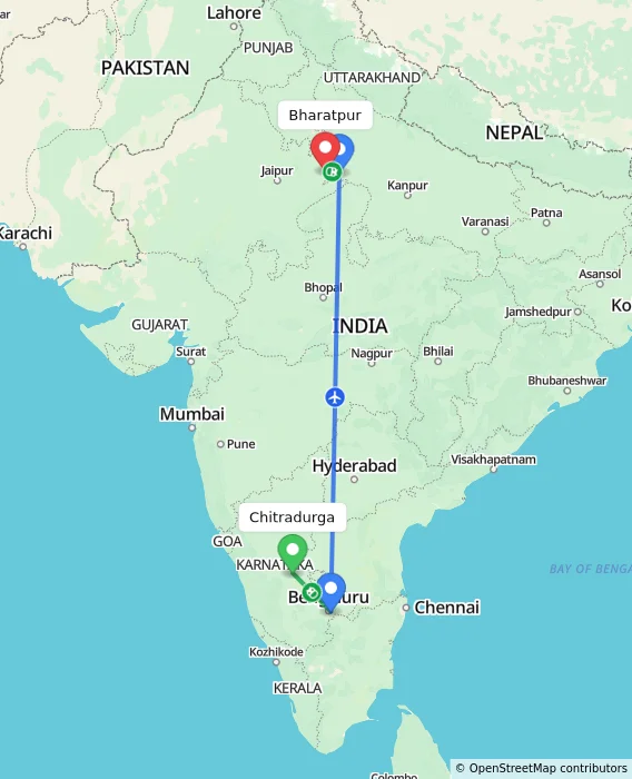 Route map showing distance and travel time from Chitradurga, India to Bharatpur, India