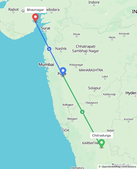 Route map showing distance and travel time from Chitradurga, India to Bhavnagar, India