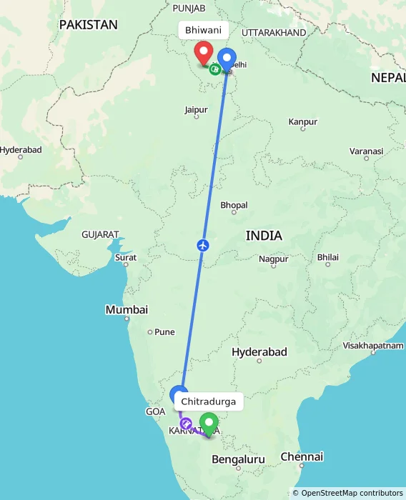 Route map showing distance and travel time from Chitradurga, India to Bhiwani, India