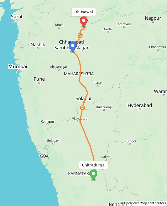 Route map showing distance and travel time from Chitradurga, India to Bhusawal, India