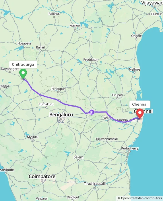 Route map showing distance and travel time from Chitradurga, India to Chennai, India