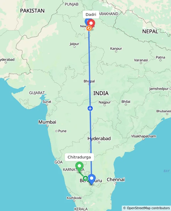 Route map showing distance and travel time from Chitradurga, India to Dadri, India