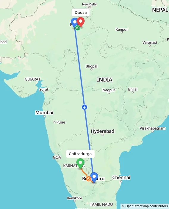 Route map showing distance and travel time from Chitradurga, India to Dausa, India