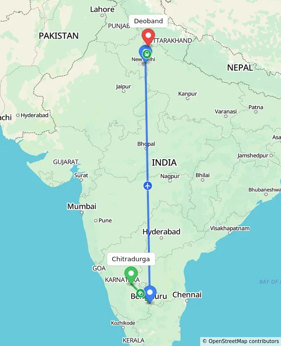 Route map showing distance and travel time from Chitradurga, India to Deoband, India