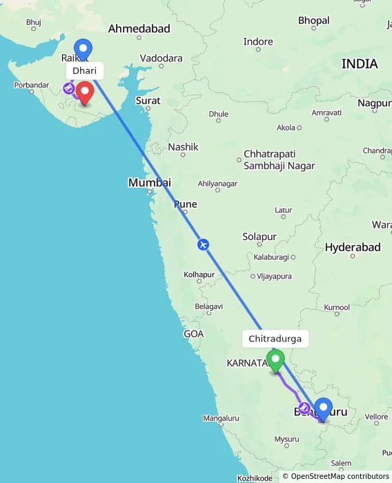 Route map showing distance and travel time from Chitradurga, India to Dhari, India