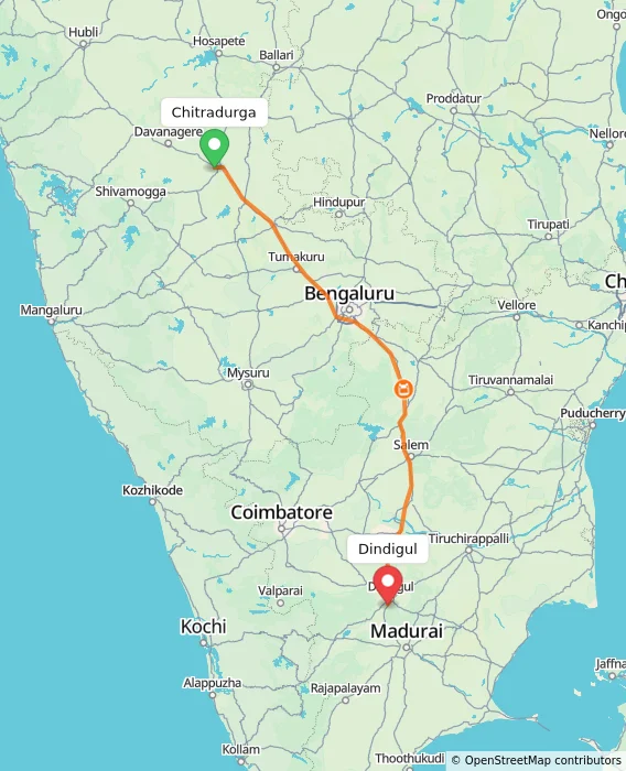 Route map showing distance and travel time from Chitradurga, India to Dindigul, India