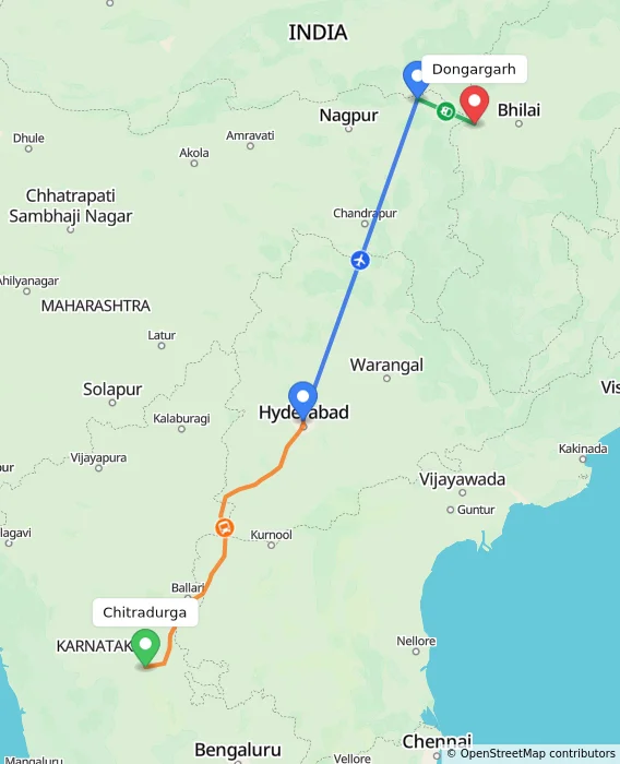 Route map showing distance and travel time from Chitradurga, India to Dongargarh, India