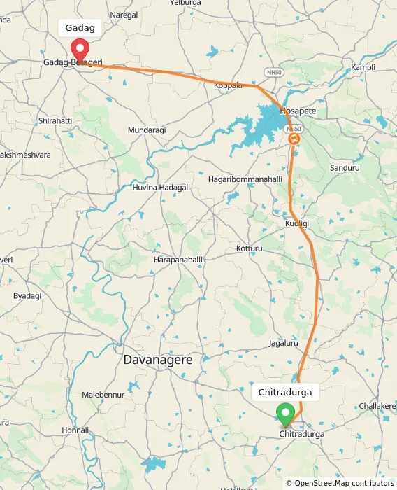 Route map showing distance and travel time from Chitradurga, India to Gadag, India