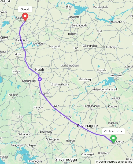 Route map showing distance and travel time from Chitradurga, India to Gokak, India