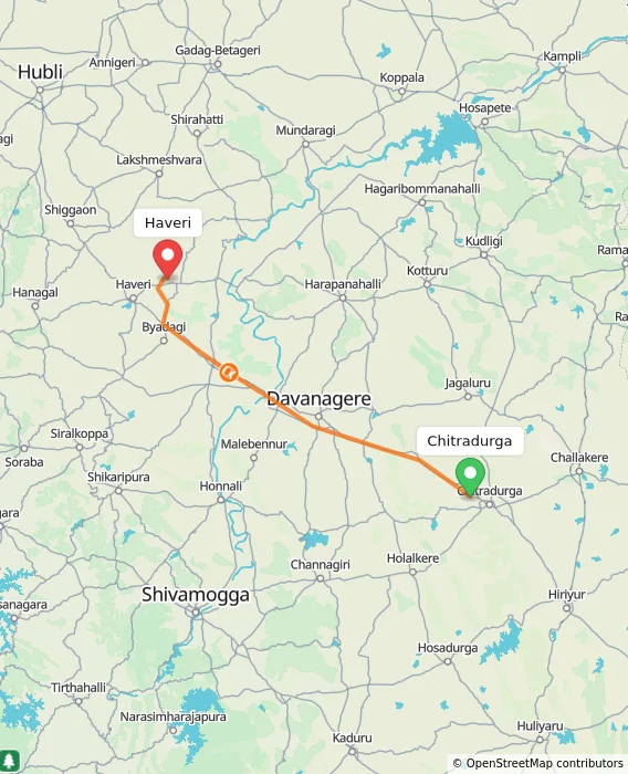 Route map showing distance and travel time from Chitradurga, India to Haveri, India